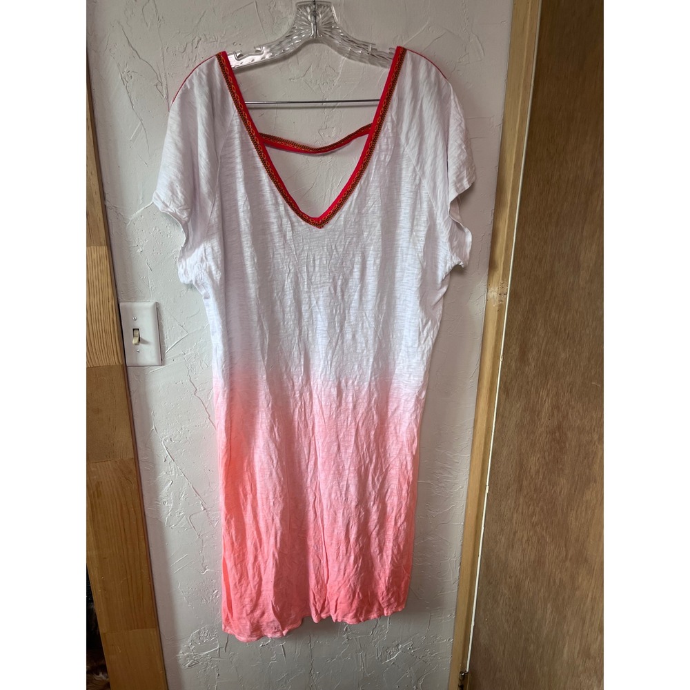 Pitusa Pima Cotton Ombre Inca Trim V-Neck Mini Dress Cover Up White Coral